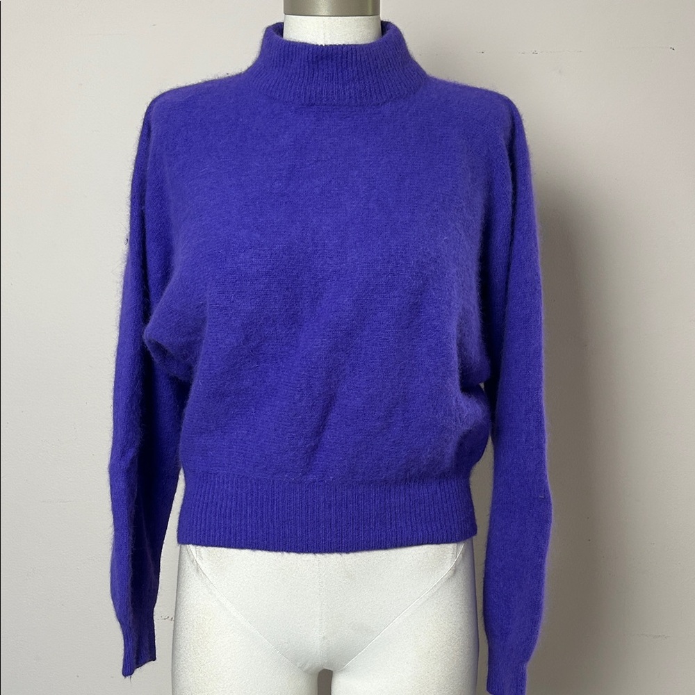 Vintage purplish blue Lambswool and angora blend bat wing mock neck sweater M